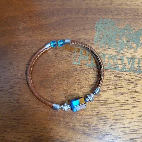 Amber and Blue Dichroic Glass Faux Leather and Rhinestone Tension Bracelet - Picture 8 of 12